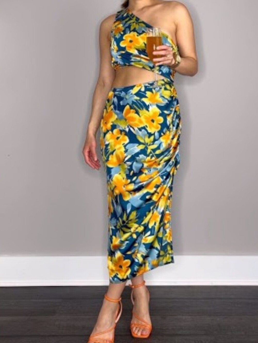 Vacay Ways Teal Floral Satin One-Shoulder Cutout Midi Dress